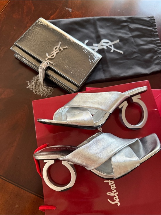 Salvatore Ferragamo Shoes - Ferragamo Silver Metallic Circular-Heel Slide Sandals